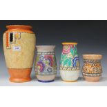 Four Crown Ducal Charlotte Rhead pottery vases, 1930s, comprising a high shouldered Stitch pattern