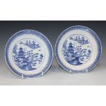 Two English porcelain saucer dishes, late 18th/early 19th Century, each printed in blue with a