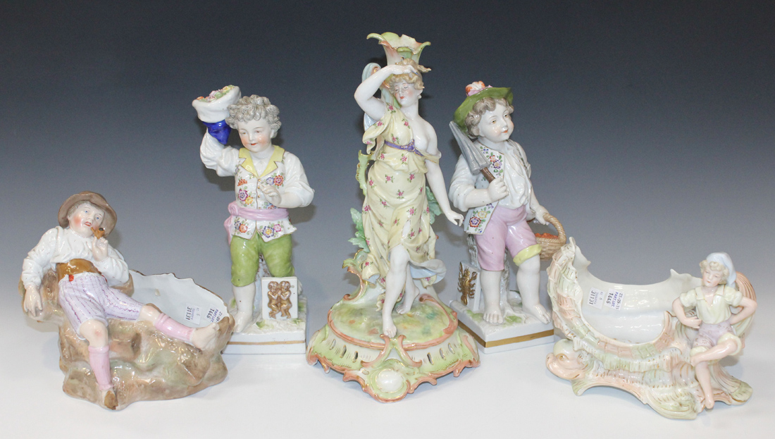 A small group of Continental porcelain, late 19th/early 20th Century, comprising a pair of figures