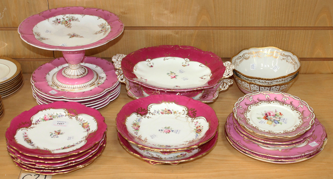 A Coalport Salopian porcelain part dessert service, 1870-1880, decorated with floral garlands within