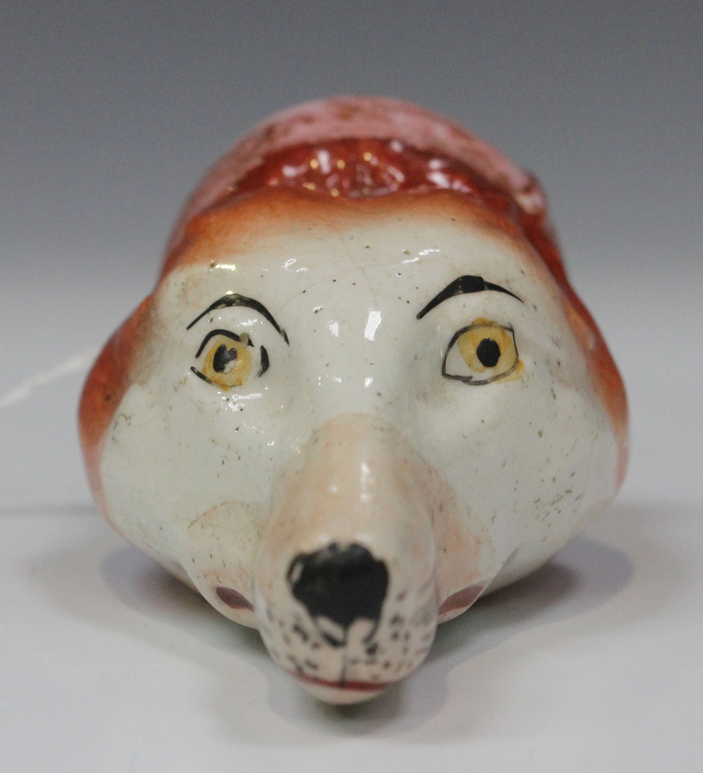 A small English fox head stirrup cup, circa 1840, naturalistically modelled and coloured with pink - Image 3 of 5