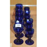 A set of six blue sherry glasses, 20th Century, each ogee bowl above a knop stem and circular