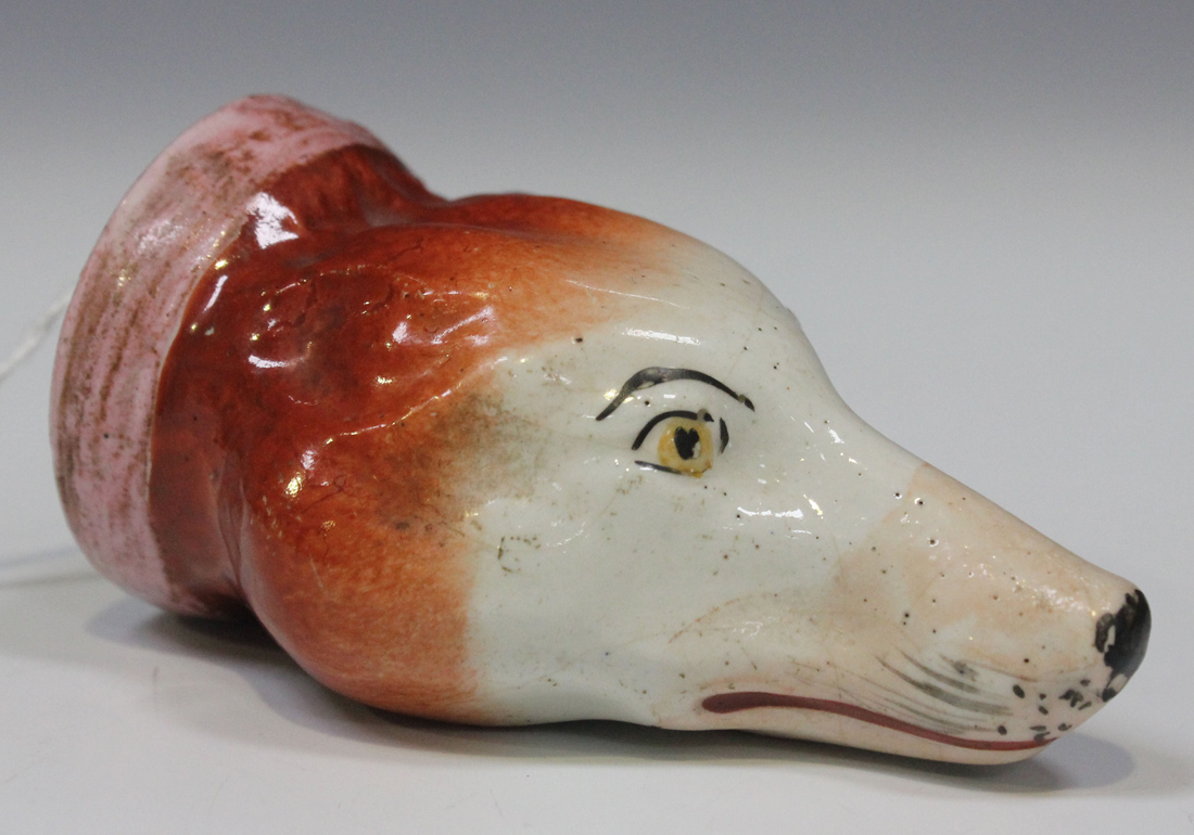 A small English fox head stirrup cup, circa 1840, naturalistically modelled and coloured with pink - Image 5 of 5