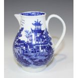 A Worcester porcelain blue printed sparrow beak cream jug, circa 1790, decorated with a version of