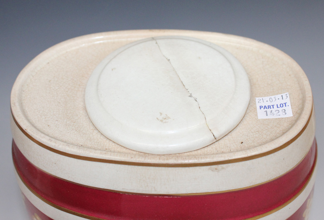 A set of four Staffordshire pottery spirit barrels with magenta and gilt banding, detailed in - Image 2 of 4