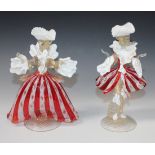 Two Murano glass figures wearing 18th Century costume, decorated in red, clear and white opaline