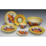 A group of Clarice Cliff Bizarre Gayday pattern wares, 1930s, comprising a trio, a small octagonal