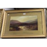 John Shapland - Moorland View with Hills, Heather and Bog, watercolour with gouache, signed,