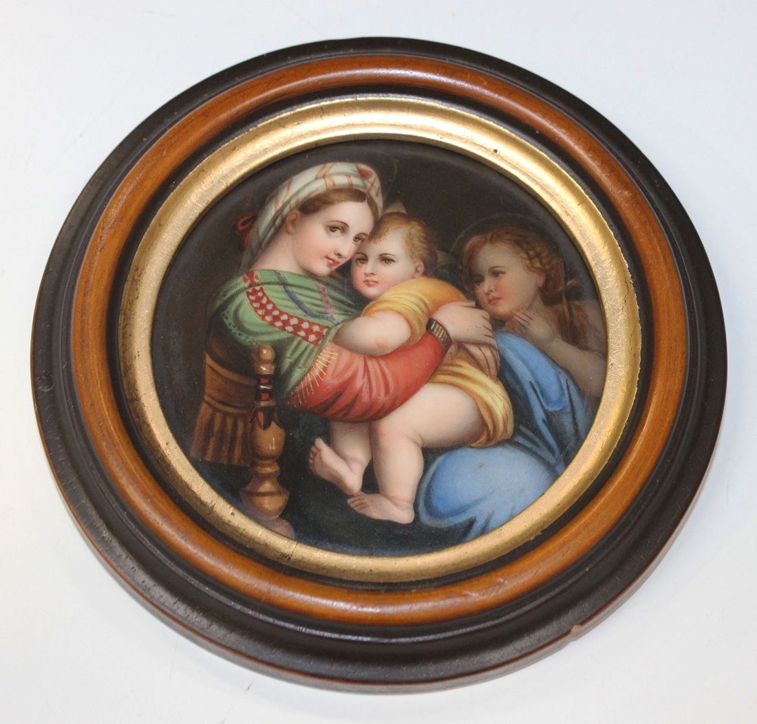 A Continental porcelain circular plaque, late 19th/early 20th Century, painted after Raphael with