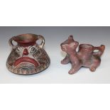 Two pre-Columbian style pottery vessels, comprising a two handled 'face' pot with geometric