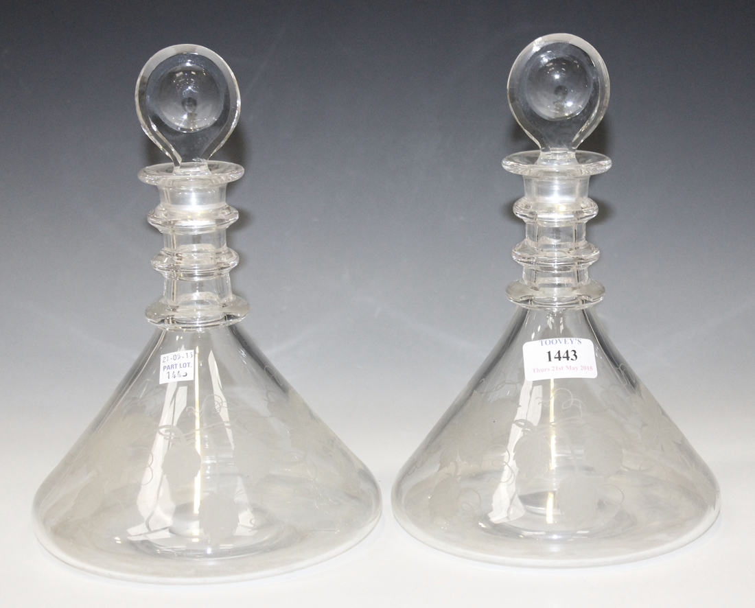 A pair of Brierley engraved glass ship's decanters and stoppers, 20th Century, the bodies engraved