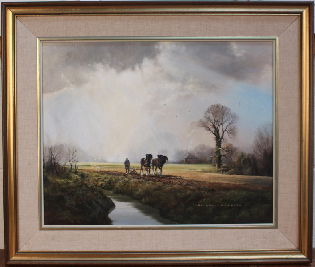 Michael Morris - Landscape View with a Farmer and Shire Horses beside a Stream, oil on canvas,