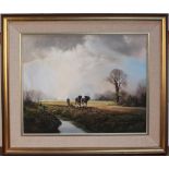Michael Morris - Landscape View with a Farmer and Shire Horses beside a Stream, oil on canvas,