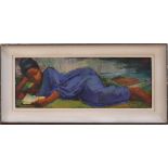 Maurice Man - 'Indian Girl in a Blue Sari' (Study of a Reclining Figure reading), 20th Century mixed