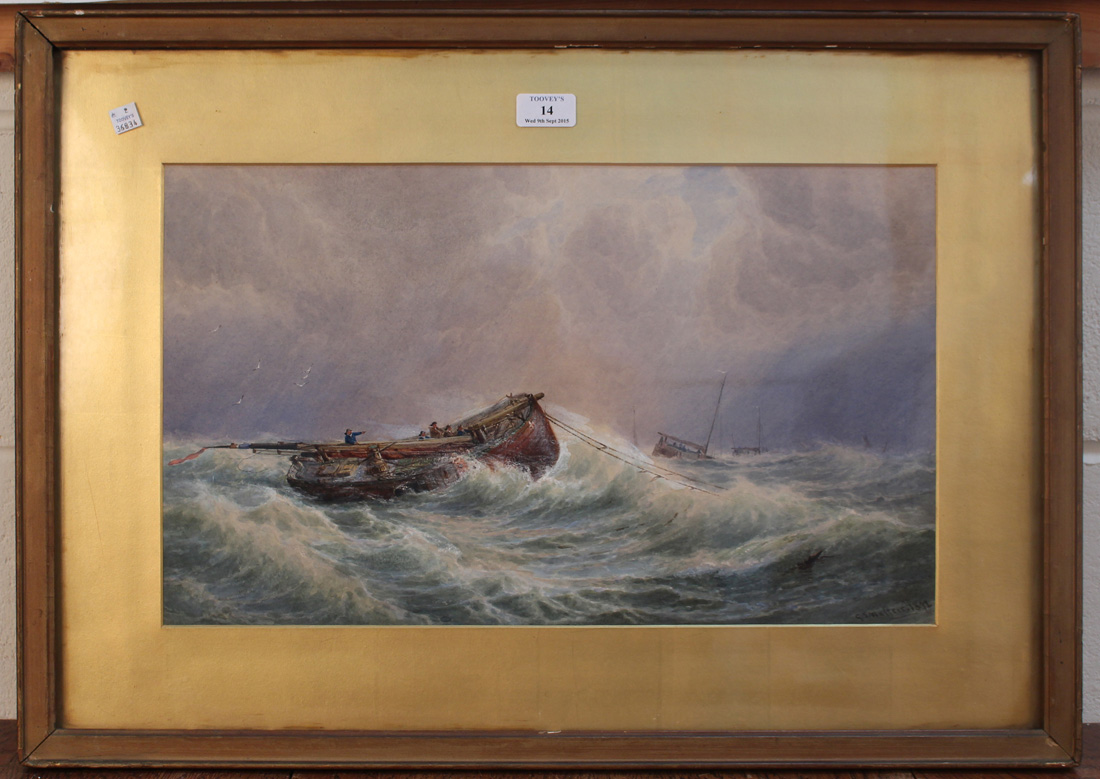 G.S. Walters - Sailing Barge anchored in Stormy Waters, watercolour with gouache, signed and dated