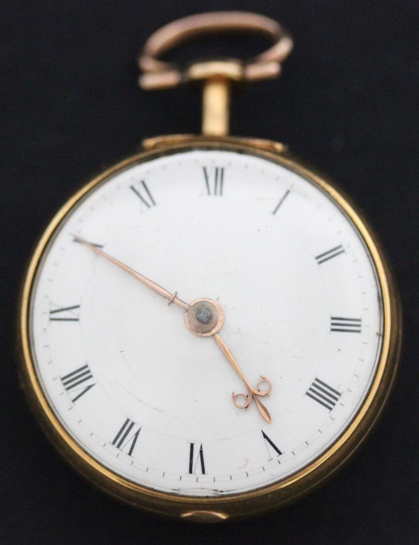 A gold and enamelled twin cased keywind open-faced pocket watch, the gilt fusee movement with a - Image 5 of 9