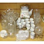 A cut glass decanter and stopper, other assorted glassware and a Japanese porcelain kettle and