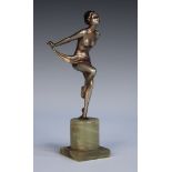 Josef Lorenzl - an Art Deco silvered cast bronze full-length figure of a dancing girl, standing on