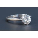 A platinum and diamond single stone ring, claw set with a circular cut diamond, approx 1ct, ring