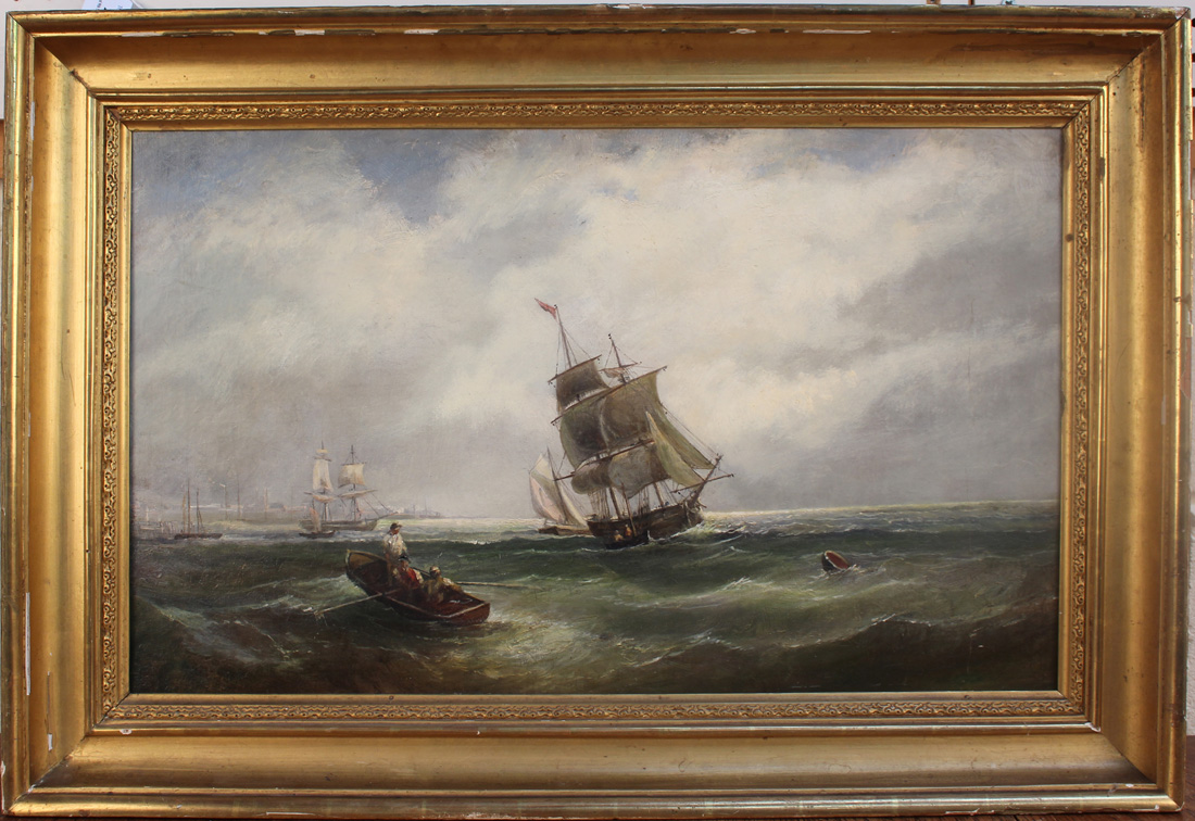 Follower of William Calcott Knell - Coastal View with Figures in a Rowing Boat approaching Sailing