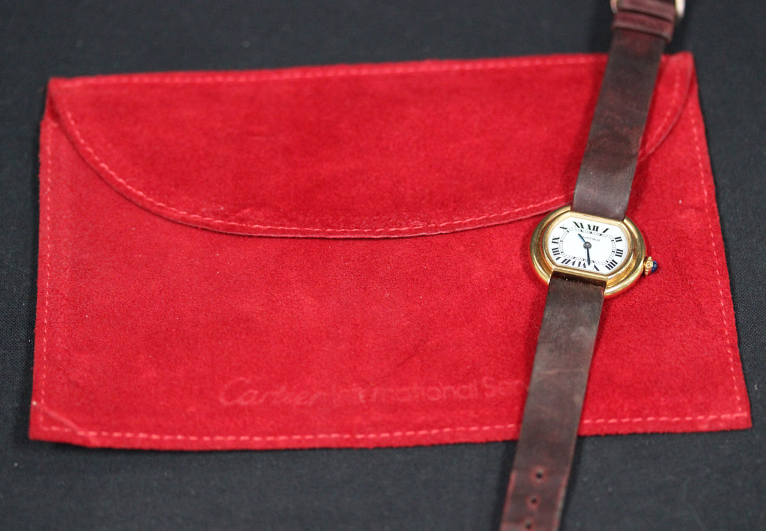 A Cartier gilt metal cased lady's wristwatch, the signed white dial with black Roman numerals and - Image 2 of 3