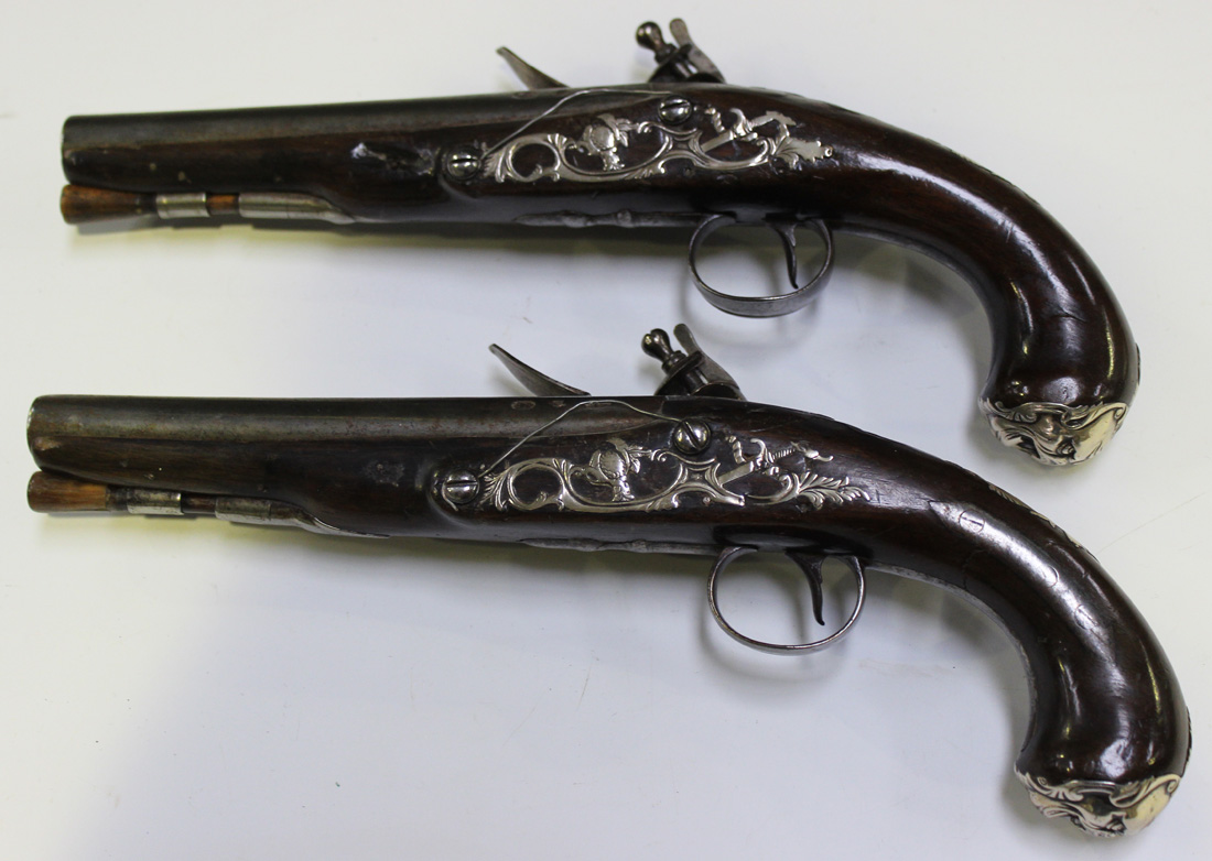 A pair of late 18th Century 20 bore flintlock holster pistols by Griffin & Tow, barrel length approx - Image 3 of 8