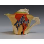 A Clarice Cliff Fantasque Bizarre Windbells pattern daffodil shape teapot and cover, printed factory