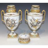 A pair of Dresden porcelain two handled vases and covers, and a larger cover, late 19th Century,