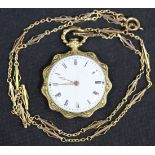A gold cased and enamelled keyless wind open-faced shaped circular lady's fob watch with an unsigned