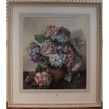 Jack Carter - 'A Vase of Hydrangeas', watercolour, signed and dated 1974 recto, titled label