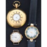 An 18ct gold keyless wind half hunting cased lady's fob watch, the gilt three-quarter plate lever