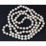 A single row necklace of uniform cultured pearls, length approx 87.5cm.