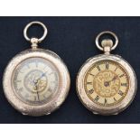 A gold cased keywind open-faced lady's fob watch with an unsigned gilt cylinder movement, gilt metal