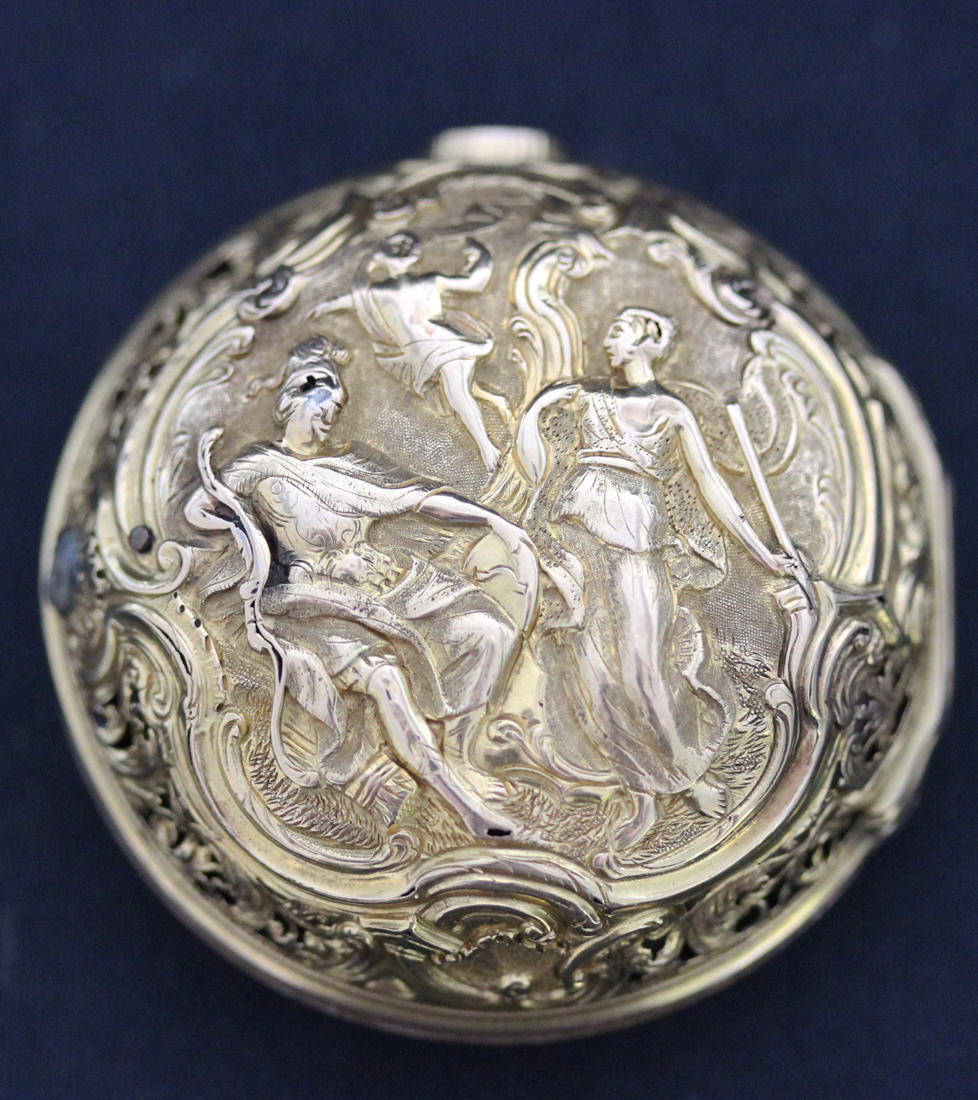 A mid-18th Century gold repoussé cased plunge quarter repeating open-faced pocket watch, the gilt - Image 11 of 11