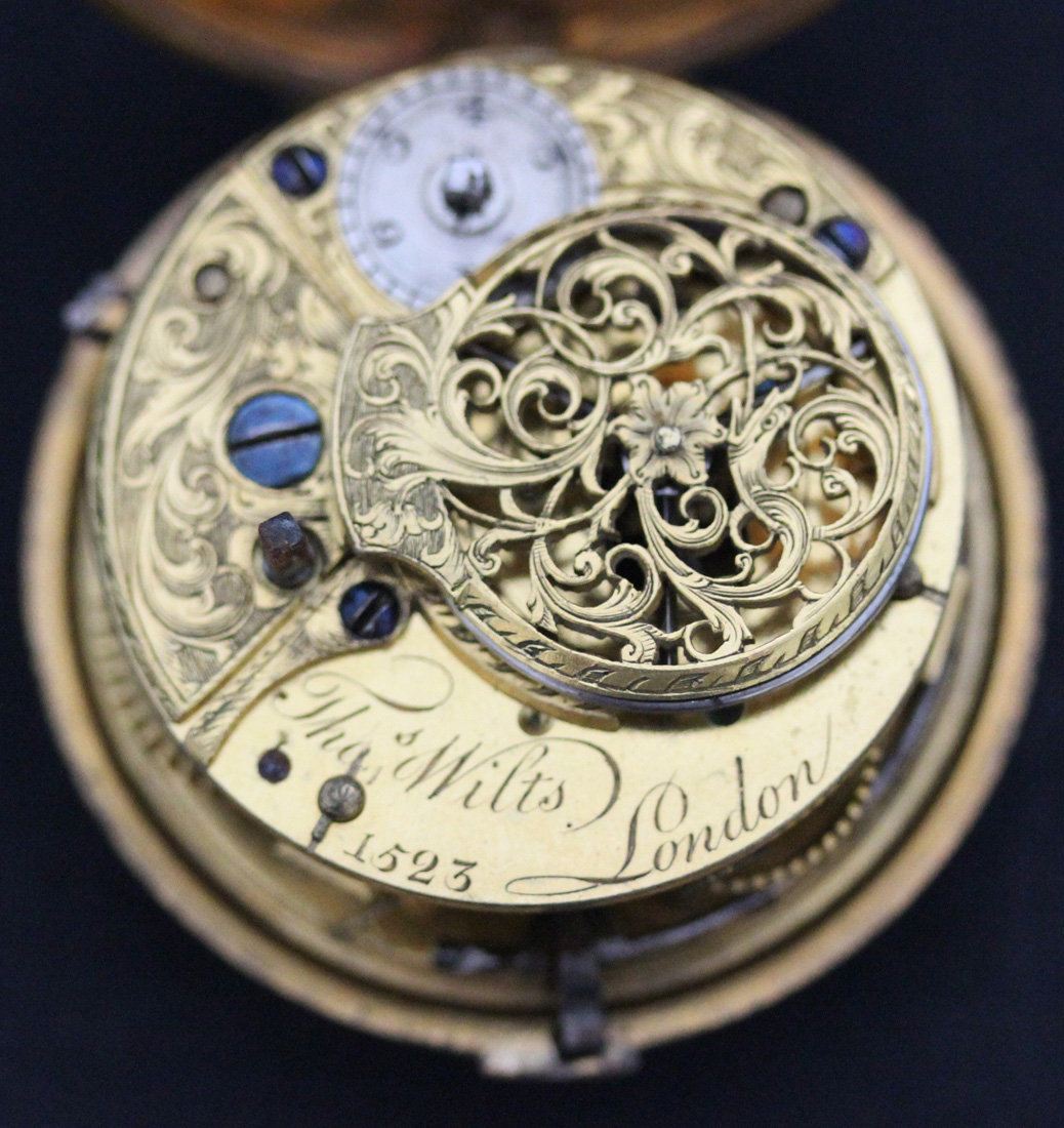 A gilt on copper and leather keywind open-faced pair cased gentleman's  pocket watch, the gilt fusee - Image 5 of 5