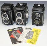 Three twin lens reflex cameras, comprising a Franke & Heidecke Rolleicord, No. 881840, a Semflex