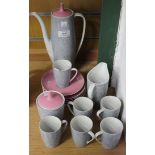 A Polish Omielow bone china part coffee set, 1960s, decorated in grey and pink, comprising coffee