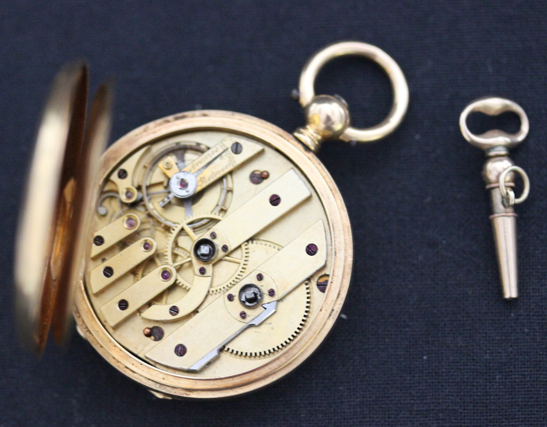 A gold keywind hunting cased lady's fob watch with an unsigned gilt jewelled lever movement, the - Image 4 of 6