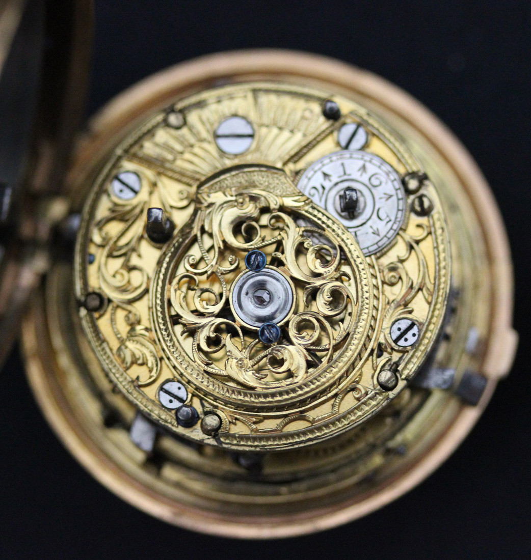 A mid-18th Century gold repoussé cased plunge quarter repeating open-faced pocket watch, the gilt - Image 8 of 11