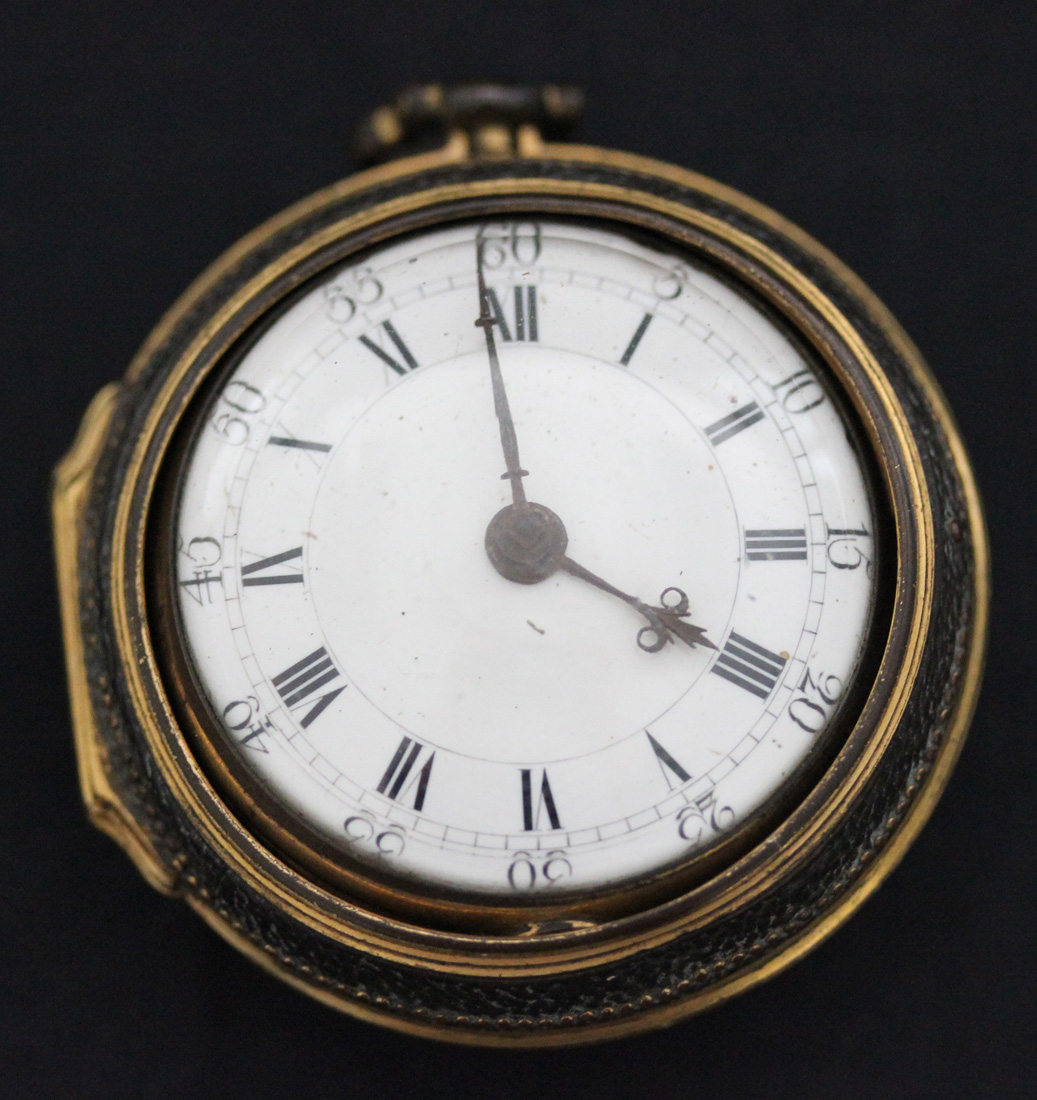 A gilt on copper and leather keywind open-faced pair cased gentleman's  pocket watch, the gilt fusee - Image 4 of 5