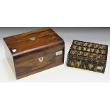 A Victorian walnut work box with inlaid mother-of-pearl plaques, width approx 27.5cm, together