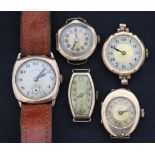 A gold oval cased lady's wristwatch with an unsigned movement, the case detailed '14K', a Dominant