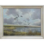 Robert Jobson - Geese in Flight, oil on canvas, signed and dated '55, approx 55cm x 76cm, within a