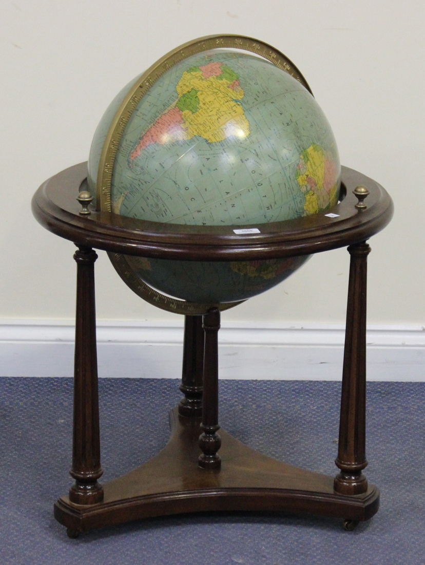 A late 20th Century American terrestrial globe by 'Replogle Globes Inc. Chicago', raised on fluted