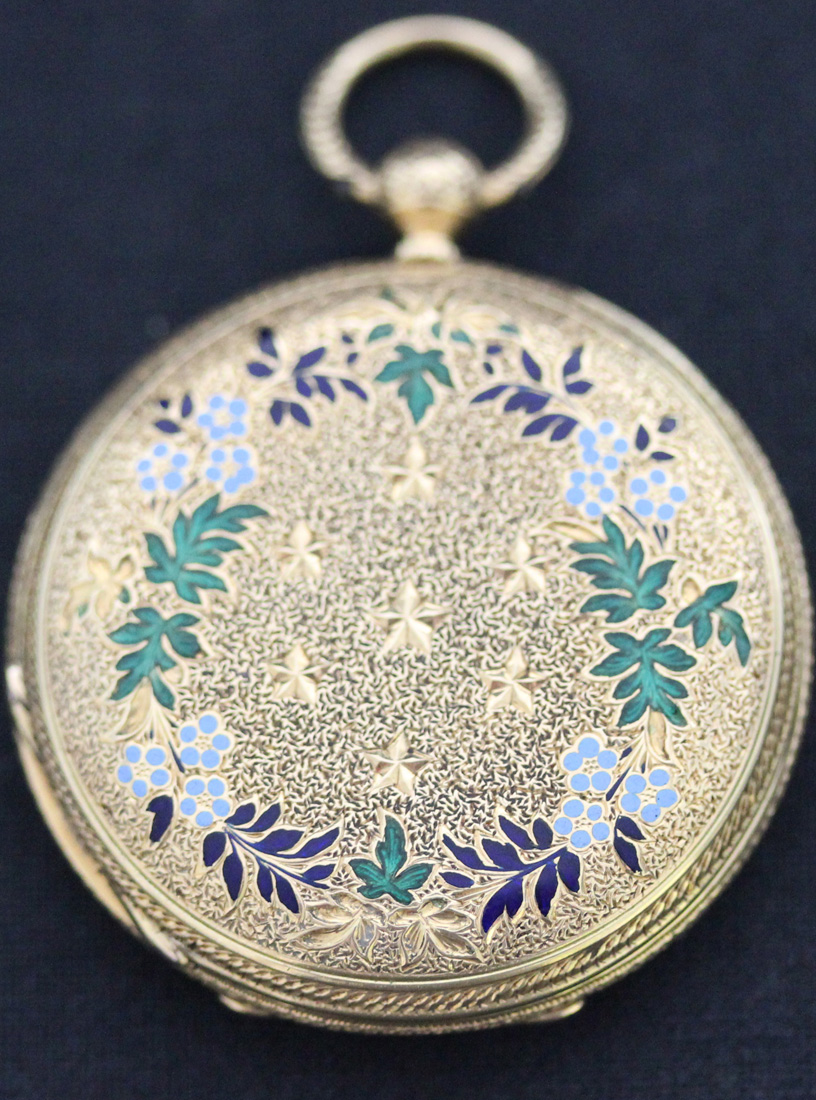 An 18ct gold and enamelled keywind hunting cased lady's fob watch, the gilt three quarter plate - Image 2 of 5