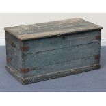 A 19th Century stained pine trunk with metal bound corners and a plinth base, height approx 52cm,