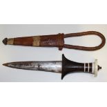 An African dagger with straight double edged blade, length approx 17cm, hardwood grip with turned