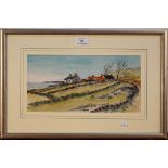 Gyrth Russell - View of a Coastal Hillside with Cottages, 20th Century watercolour over pencil,