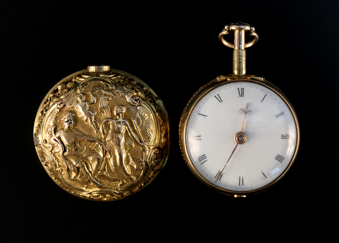 A mid-18th Century gold repoussé cased plunge quarter repeating open-faced pocket watch, the gilt