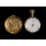 A mid-18th Century gold repoussé cased plunge quarter repeating open-faced pocket watch, the gilt